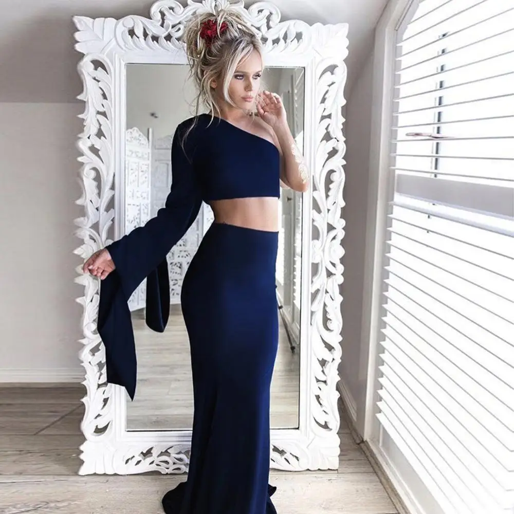 Two Pieces Prom Dresses Long Mermaid Navy Blue Burgundy Formal Evening Gown Vestidos De Real Photo