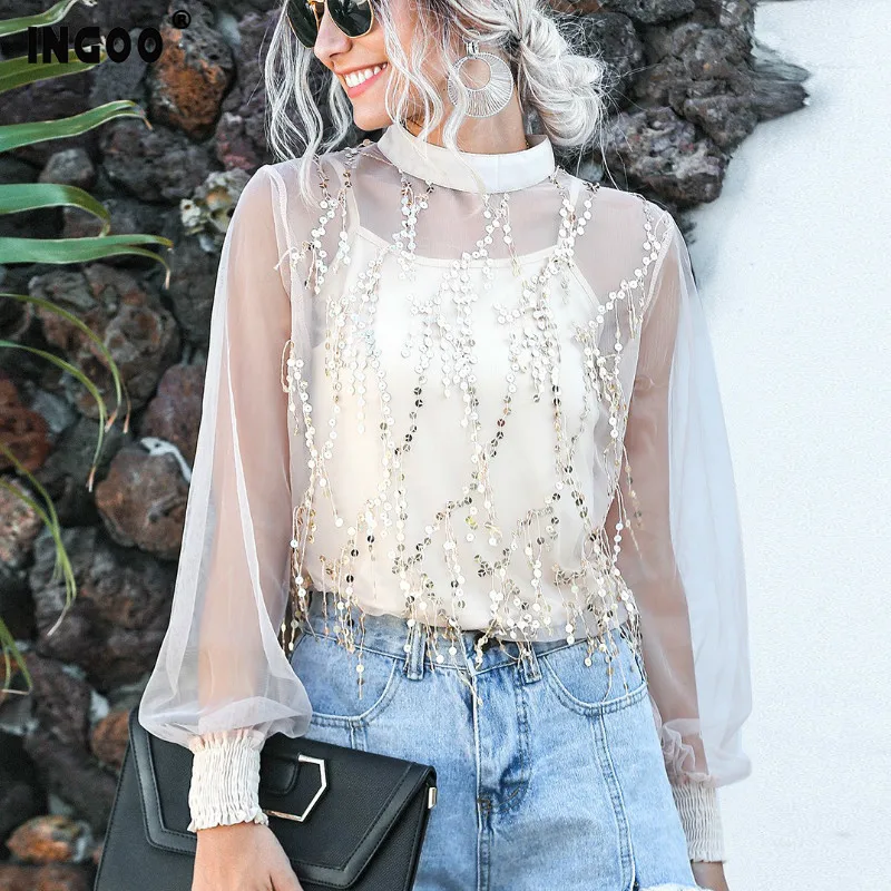 Женская кружевная блузка с длинным рукавом фонариком и блестками|Блузки| |