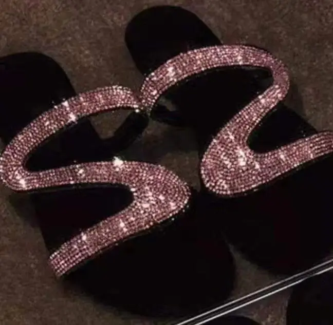 pink Новые женские шлепанцы; сезон лето; женские модные удобные пляжные сандалии для женщин с открытым носком и кристаллами на плоской подошве; Mjuer S803 - Цвет: pink