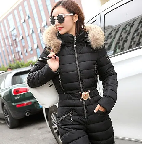 Black Цельный хлопковый лыжный комбинезон с меховым воротником и капюшоном, женская теплая куртка на молнии+ штаны, лыжные костюмы, тёплые комбинезоны DS50953 - Цвет: Black