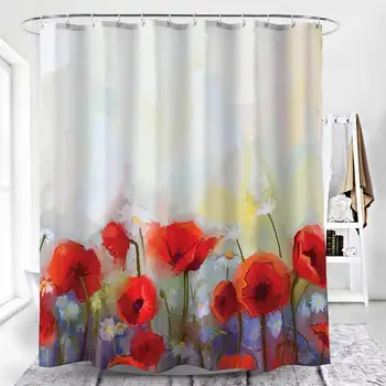 

Flower Shower Curtain for Women's Bathroom Set, Watercolor Poppy Wildflower Blossom Art Painting Spring Seasonal Bathroom