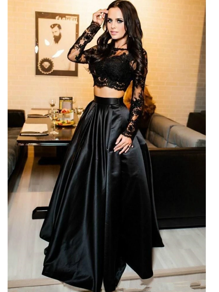 2 предмета, черные платья для выпускного вечера, кружевной топ с длинным рукавом, сатиновая юбка А-силуэта,, модные вечерние платья, подгонка размера плюс