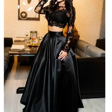 2 предмета, черные платья для выпускного вечера, кружевной топ с длинным рукавом, сатиновая юбка А-силуэта,, модные вечерние платья, подгонка размера плюс