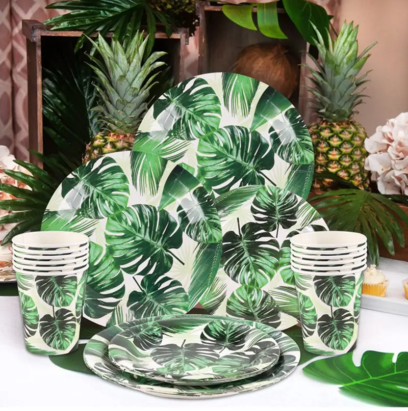 

Tropical Palm Leaves Paper Cup Plate Napkin Banner Summer Jungle Theme Party Disposable Tableware Set Hawaiian Party Supplies