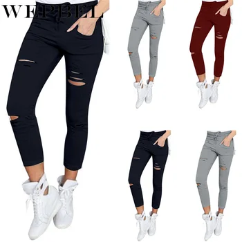 

WEPBEL Women Pants Hole Ripped Streetwear Pants Slim Stretch Drawstring Trousers Pants Tights Pants Plus Size S-3XL