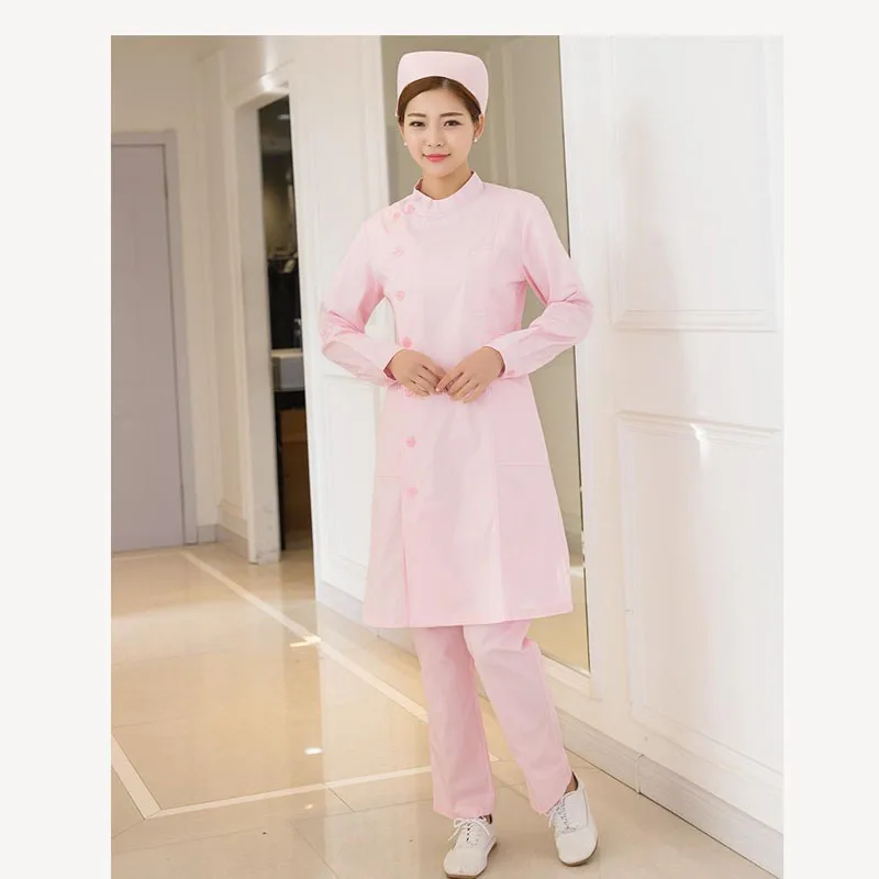 

Big Discount Women Pink Beauty Salon Dentist Long Coat Long Sleeve With Hat Lab Drugstore Work Uniform Clothes