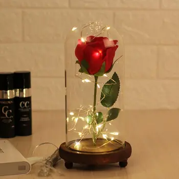 

Artificial Flowers Decorations Rose Flower And USB Powered LED Light String In Glass Dome On Wooden Base The Best Gift For Women