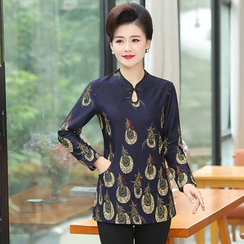 

Long Sleeve T-Shirts For Women Tops Casual Loose Print Bottom Pullover 2020 Fall Winter Plus Size Middle Age Mother Tee Shirt