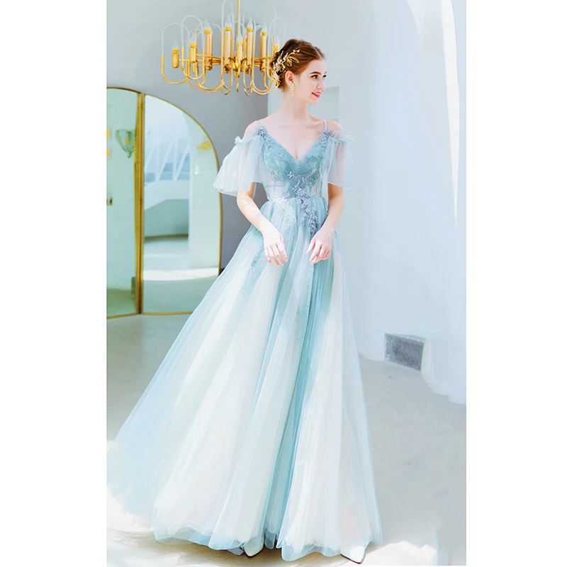 Зеленые платья на выпускной vestido graduacion largo вышито бисером с блестками Тюль с открытыми плечами Спагетти ремень прозрачная линия вечернее