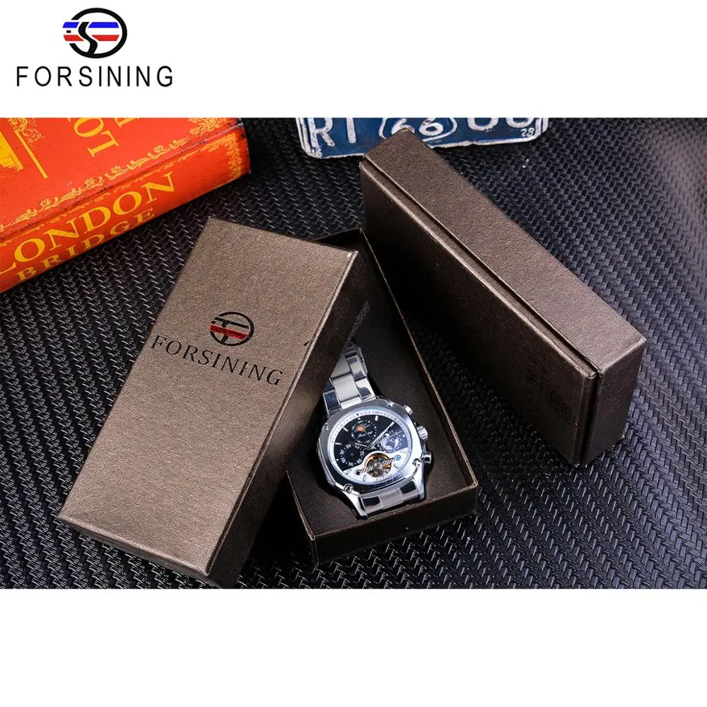 Forsining, автоматические часы, мужские, Tourbillon, механические, серебро, квадратный, нержавеющая сталь, Moonphase, мужские, с автоматическим заводом, Relogio Masculino