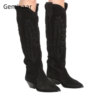 

Luxury Sewing Winter Botas Mujer Square Heel Point Toe Black Suede Knee-high Boots Women Runway Booties For Woman