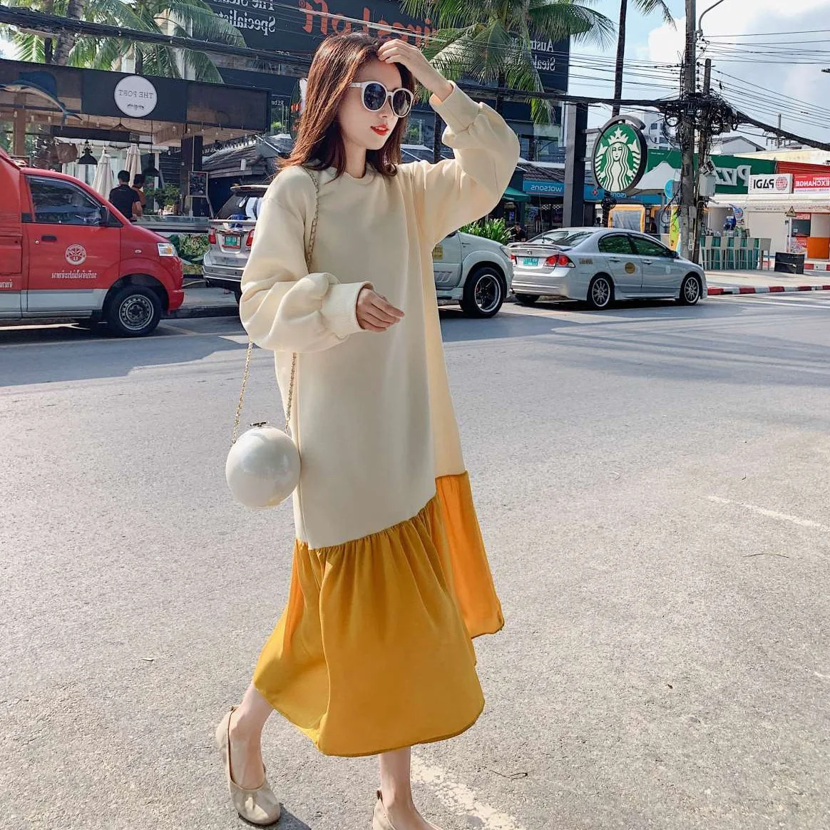

Photo Shoot CHIC Funny Contrast Color Long Loose-Fit Gentle Wind Mock Two-Piece Flounced Joint Hoodie Dress Female Spring