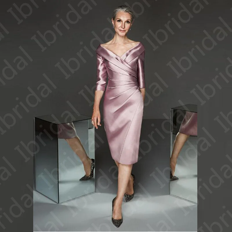 Modern Simple Mother of Bride Dresses Plunge V Neckline Dress Knee Length Groom Gowns 3/4 Sleeves mother bride dresses