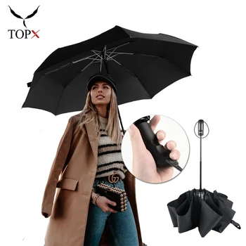 

Windproof Automatic 3Folding Umbrella Rain Women Srong 8Ribs Aluminum Alloy Umbrellas For Men Business Dark Grid Handle Umbrella