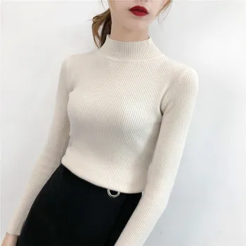 

Hot sweater women half turtleneck Knitted Pullover winter clothes women Long sleeve Solid fashion striped girls sweaters