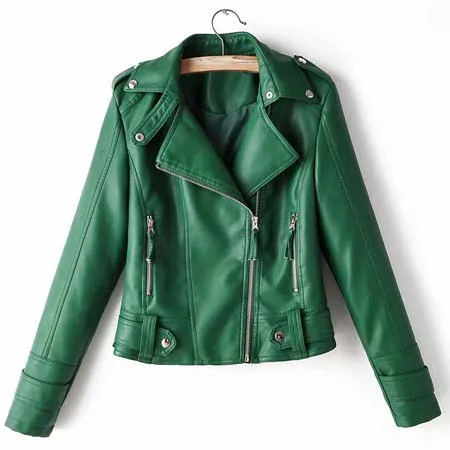 Autumn Winter Green Women PU jacket Slim Motorcycle Faux leather jackets Long sleeve Girls Female Solid Outwear YNZZU YO945 - Цвет: Зеленый