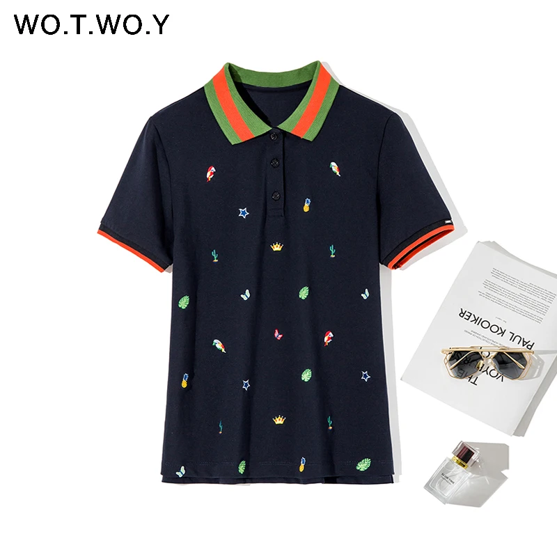 WOTWOY 2020 Весна мамы с героями мультфильмов хлопковая рубашка-поло вышивкой Женская