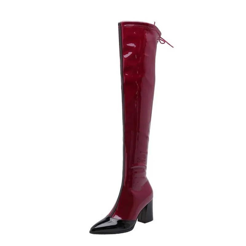 

KALENMOS Over The Knee Boots Women High Heel Pointed Toe Long Boots Ladies Square Heels Zip Patent Leather High Boots Size 34-46
