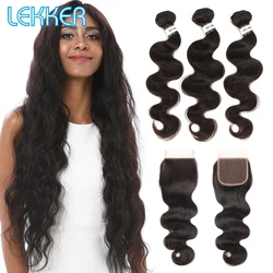 Lekker Body Wave Bundles with Closure Remy Human Hair Peruvian Hair Bundles with Closure Hair Extension Human
