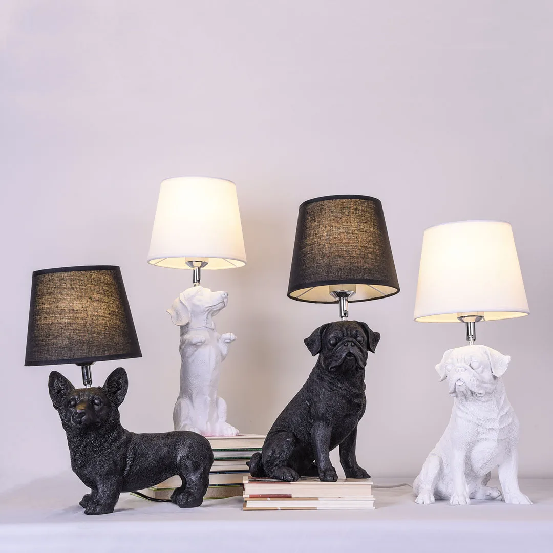 

Standing Pug Sculpture Statue Table Lamps Fashion Bedroom Bedside Lamp E27 Holder Reading Resin Desk Lights Abajur Para Quarto