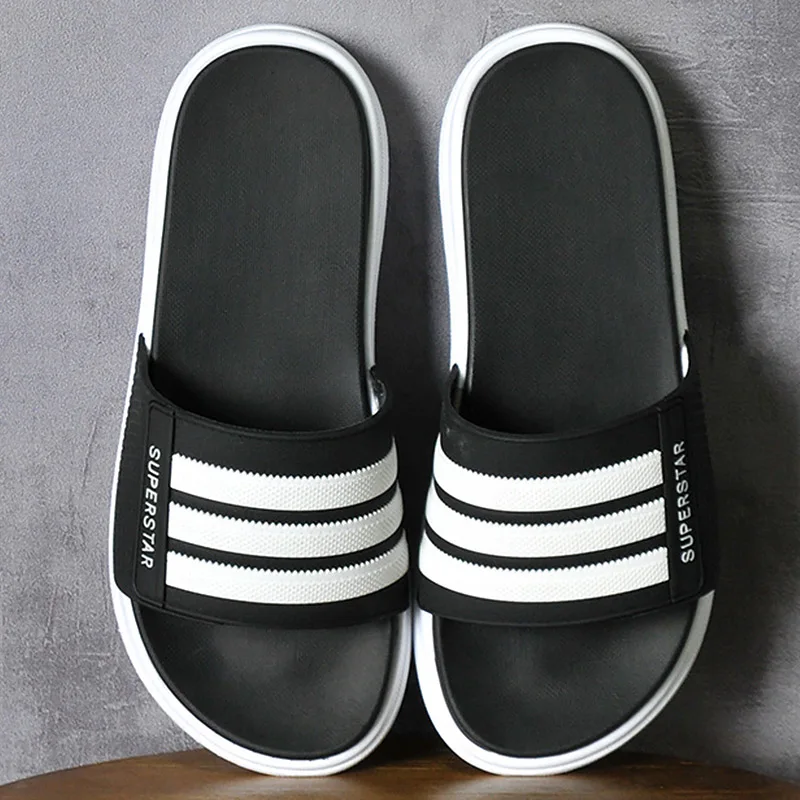 

Black Slippers Men Summer PVC Sole Striped Beach Slipper Wear-resistant Casual Mans Footwear Indoor non-slip bathroom slippers
