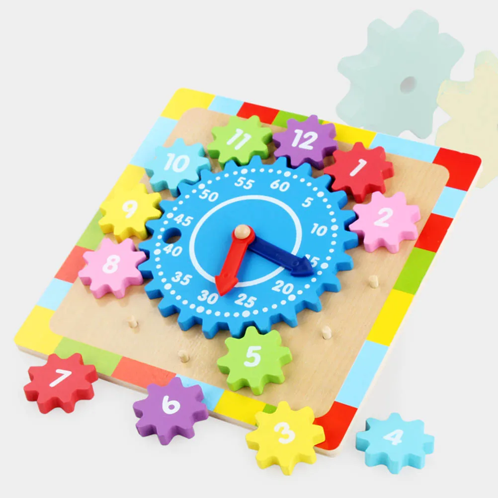  Wooden Gear Sorting Clock Wooden Teaching Clock with Numbers and Shapes Sorting Puzzle Learning Edu - 4000337084546
