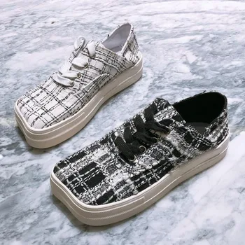 

Flat Platform Women Shoes Woman Loafers Casual Shoes British Style Wool Cloth Square Head Lace-up Striped Oxford Shoes