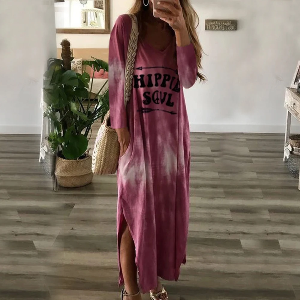 

Letter Print Maxi Dress Women Autumn Plus Size Split Hem O Neck Beach Dress Casual Long Dresses Gradient Long Sleeve Ropa Mujer