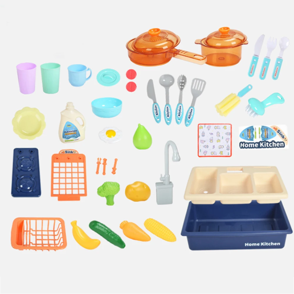 Pretend Role Play Kitchen Sink Toys Dishwasher Playing Toy with Running Water Automatic Faucets Play House Toys for Kids Gifts