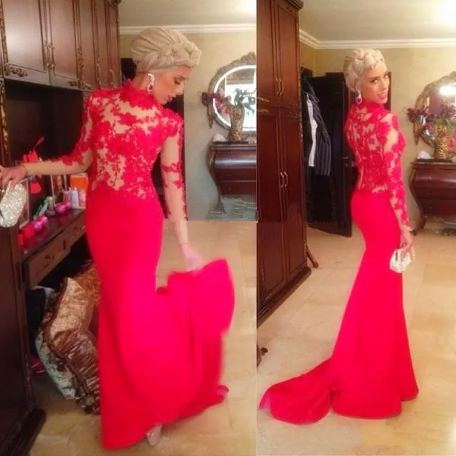 

2018 Elegant Vestido De Festa Lace Mermaid Evening Long Sleeves Red Appliques Lace Formal prom Gown mother of the bride dresses