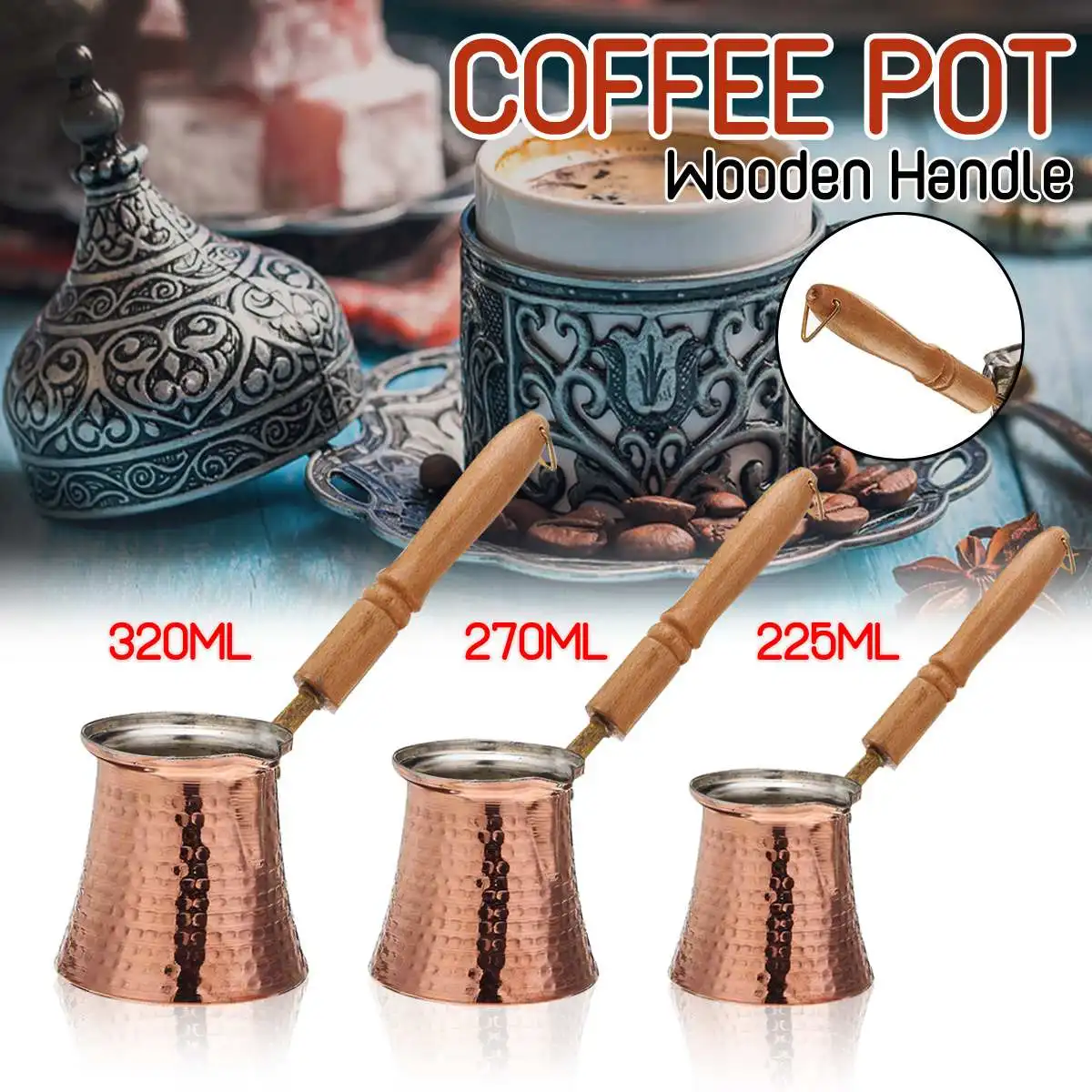

225ml/270ml/320ml Turk Turkish Copper Coffee Maker for Turk Cezve Cafeteria Wooden Handle Cevze Brown Copper Coffee Pot