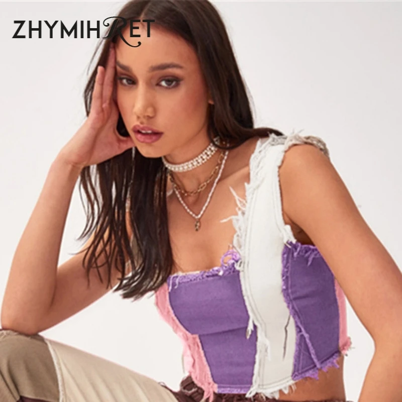 ZHYMIHRET 2020 летний лоскутный топ на бретелях для женщин облегающий Джинсовый