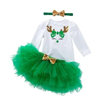 

Thanksgiving Infant Clothing Christmas Winter Set 3PCS Baby Girls Elk Print Long Sleeve Romper+Skirt Outfits Baby Girl Clothes