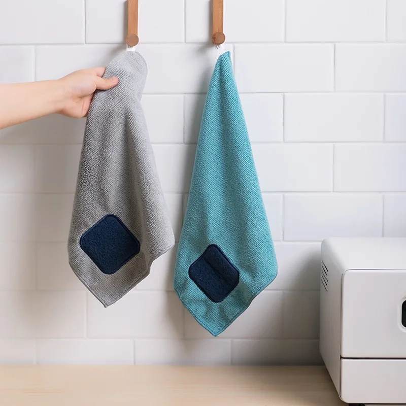 

Hangable Absorbent Fiber Rag Scouring Pad Kitchen Dish Cloth Thick Wash Pot Dishwashing Towel Hand Towel 33G