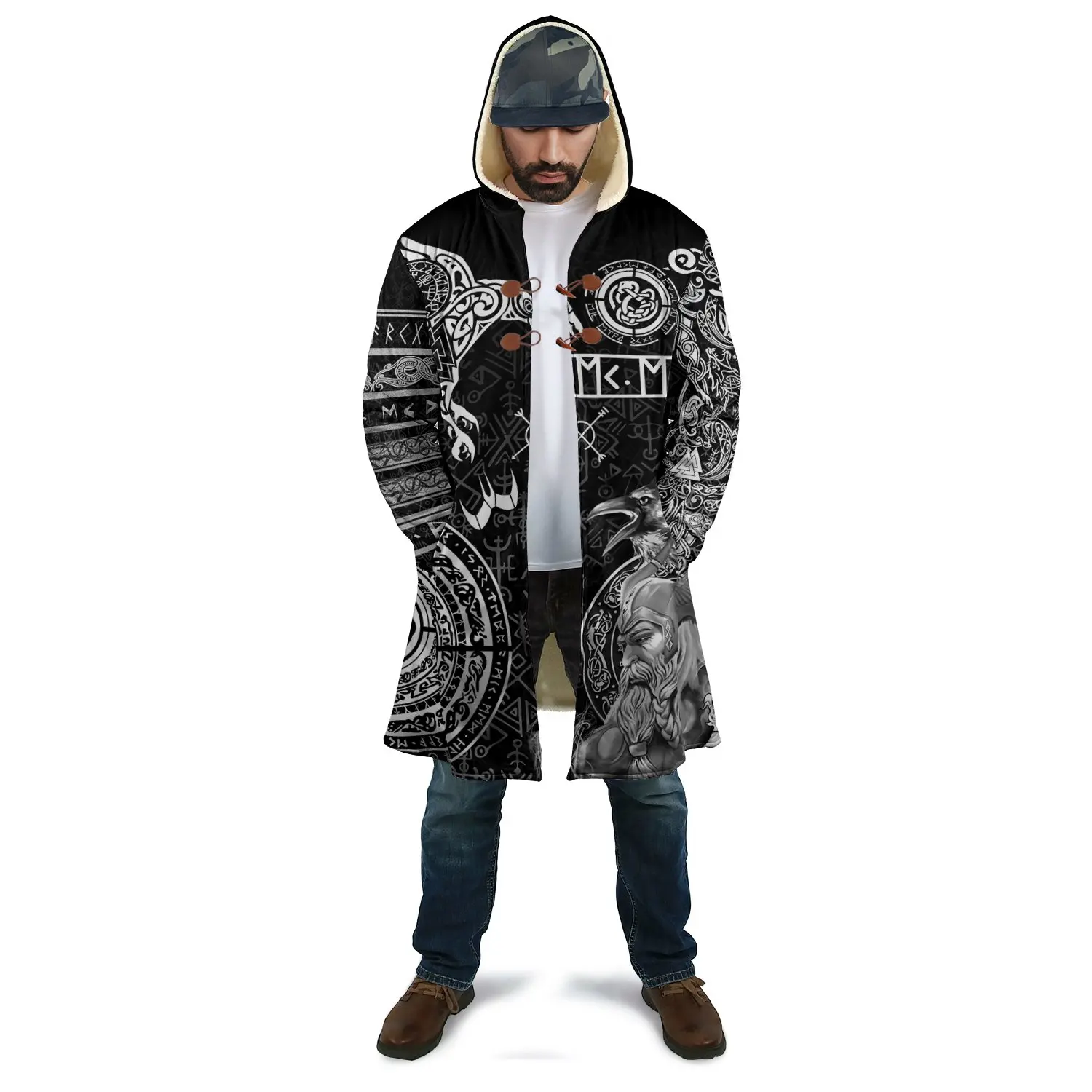 2023 Winter Thick Warm Mens Cloak Mjolnir Odin And Raven Tattoo 3D Print Fleece Hooded cloak Unisex Casual cloak coat PF28