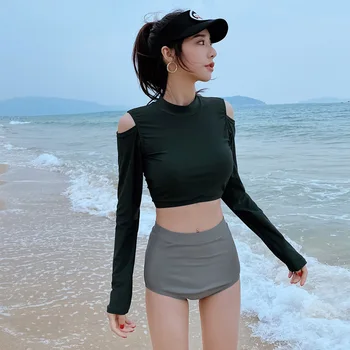 

Plus Size Bathing Suits Girl Swim Wear Swimsuit Swimming Woman Surf Rashguard Turtle Neck Waste Long Sleeve High Waist Bikini