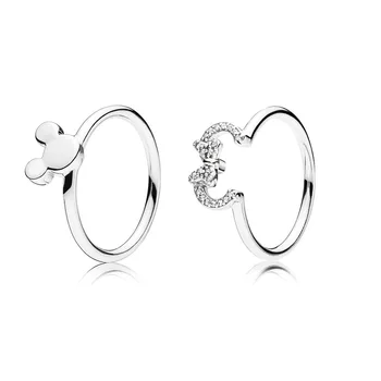 

925 Sterling Silver New Arrival Fine Silver Color Minnie & Mickey Silhouette Finger Rings Crystal Wedding Rings For Women Party