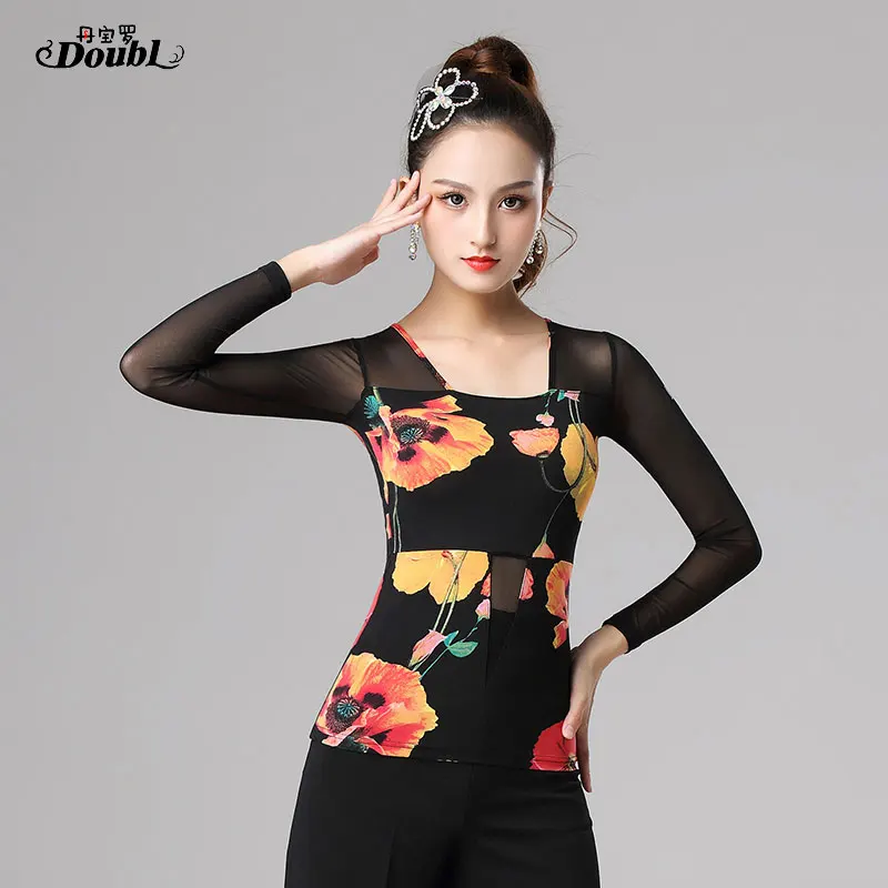 DOUBL Modern Dance Top Female Adult Latin Dance Sport New National Standard Dance Practice Dress Square Traning Salsa Printing