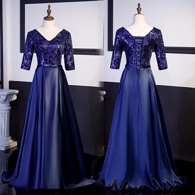 DEERVEADO элегантное платье с v-образным вырезом вечернее платье с блестками Новое поступление платье из атласа вечернее платье для вечеринки платья D9968 - Color: Navy Blue