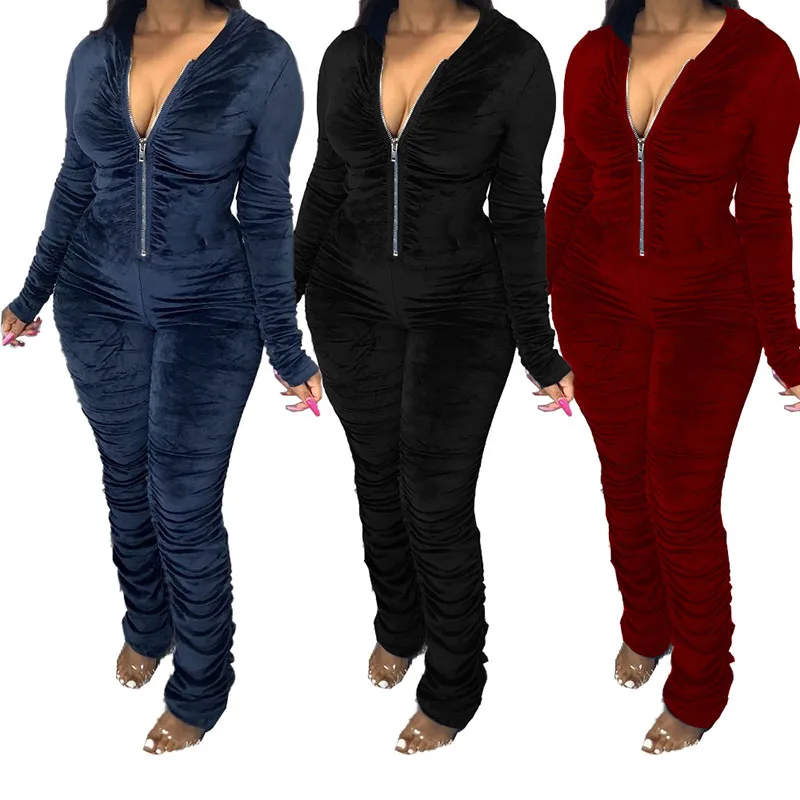 

Autumn Casual Jumpsuit Solid Color Long-sleeve Zipper Hooded Collar Pleated Jumpsuit Playsuit Winter Women's Rompers