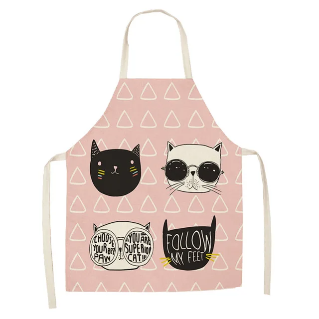 1 Pcs Kitchen Apron Cute Cartoon Cat Printed Sleeveless Cotton Linen Aprons for Men Women Home Cleaning Tools WQTF28