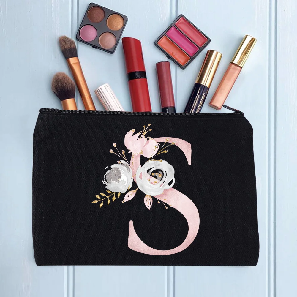 Women's Cosmetic Makeup Bags Female Organizer Pink Flower 26 Letters School Pencil Cases Carrying Bag for Coin Purse