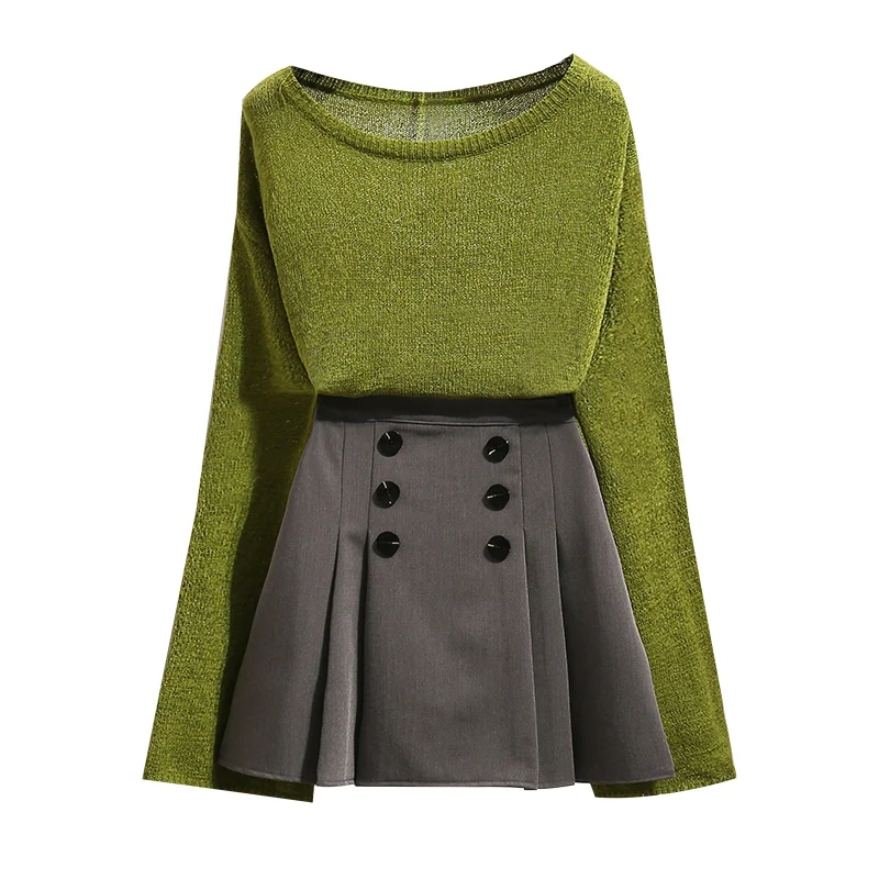 

2019 Autumn New Hollow Out Loose Knit Sweater Women Long Sleeve Knitted Top & Skirt Of Tall Waist Two-Piece Clothing Set Vestido