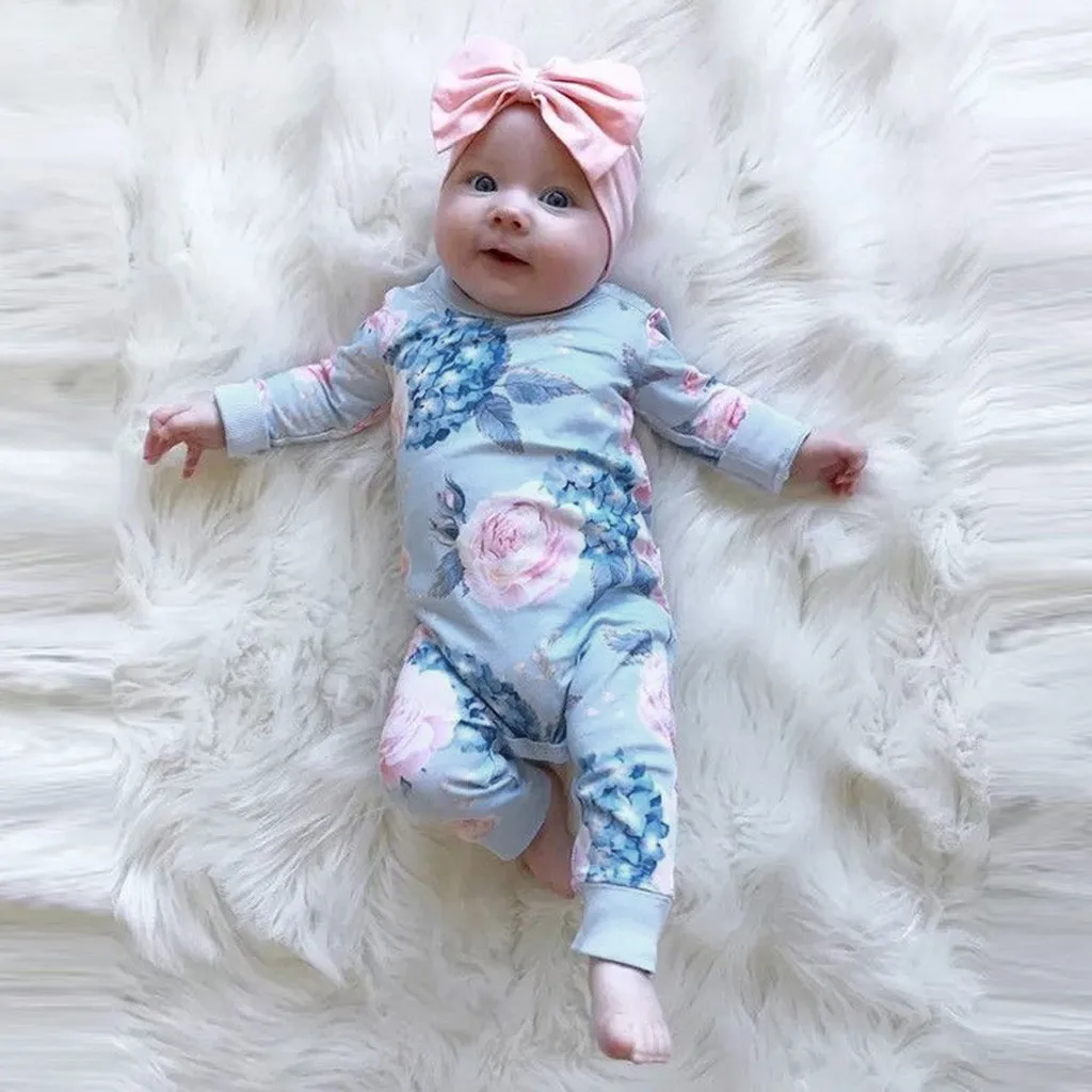 Long Sleeve Infant Floral Romper For Baby Gir Spring Summer Clothes With Bow Hair Band New Born Girl Romper Photo Baby Jumpsuit