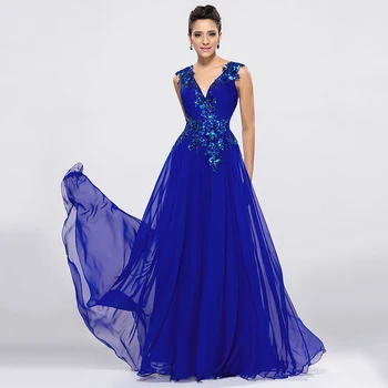 

DressV Royal Blue Chiffon Long Evening Dresses V-Neck A-Line Floor Length Prom Dress Formal Occasions Appliques Evening Dress