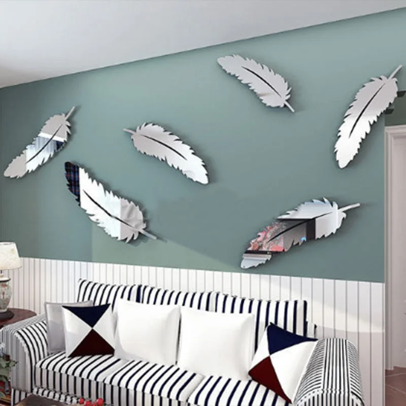 8pcs Feather Mirror Wall Decor Romantic Home Decor Mirror Decorative Wall Sticker Living Room Decoration Mirrored Furniture