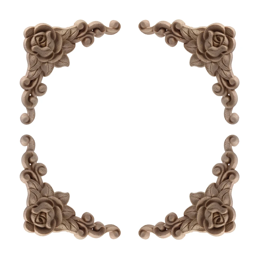 Carved Unpainted European Long Floral Leaves Rubber Wood Furniture Window Corner Wood Applique Onlay Figurines Ornament crafts miniature figurines Ornamental