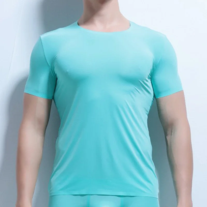 Man Undershirt Ultra-thin Ice Silk Transparent Short Sleeve T-shirts Male Breathable Tops Tee Stretch Tracksuit Tops Plus Size