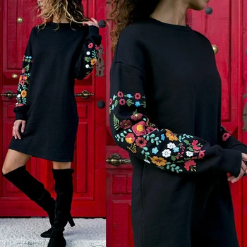 

Drees Winter Floral print Dress Women O-Neck Loose thin Warm Sexy Elegant Dresses multicolor Black mujer Autumn vestido 2019