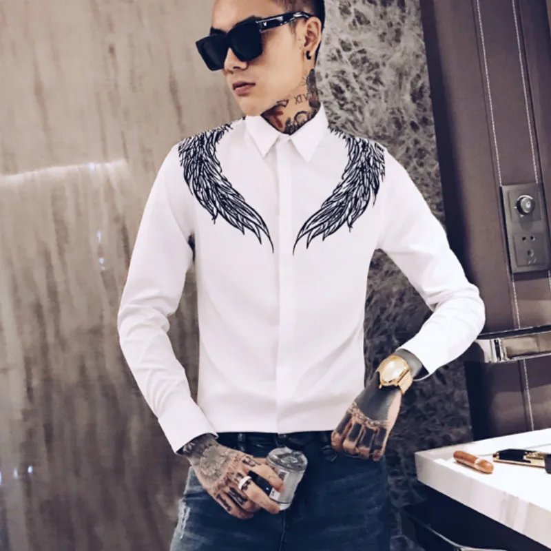 Принт в виде крыльев, мужские рубашки с длинным рукавом Camisa Masculina Повседневное Slim Fit платье мужской футболка с коротким рукавом для ночного клуба вечерние уличная социальные рубашки - Цвет: Белый